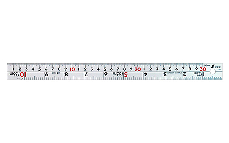直尺 シルバー ３０㎝ 併用目盛 Ｗ左基点 ㎝表示赤数字入 - シンワ測定株式会社