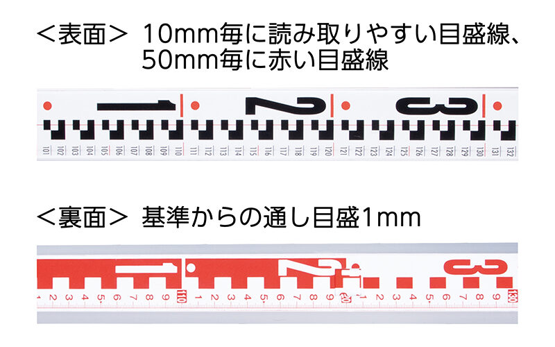 アルミスタッフ  Ⅱ  ３ｍ３段  表面１０㎜ピッチ  裏面１㎜ピッチ目盛付